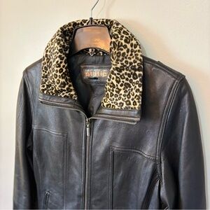 Static Black Leather Jacket with Leopard Print Collar, Women’s L